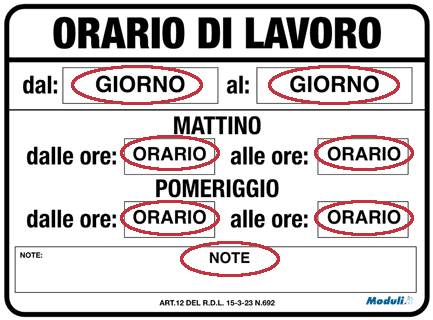 Cartello orario di lavoro da esporre