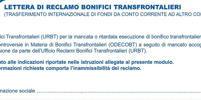 Lettera reclamo bonifici transfrontalieri Poste Italiane