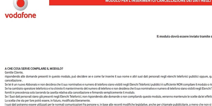 cancellazione elenco telefonico Vodafone